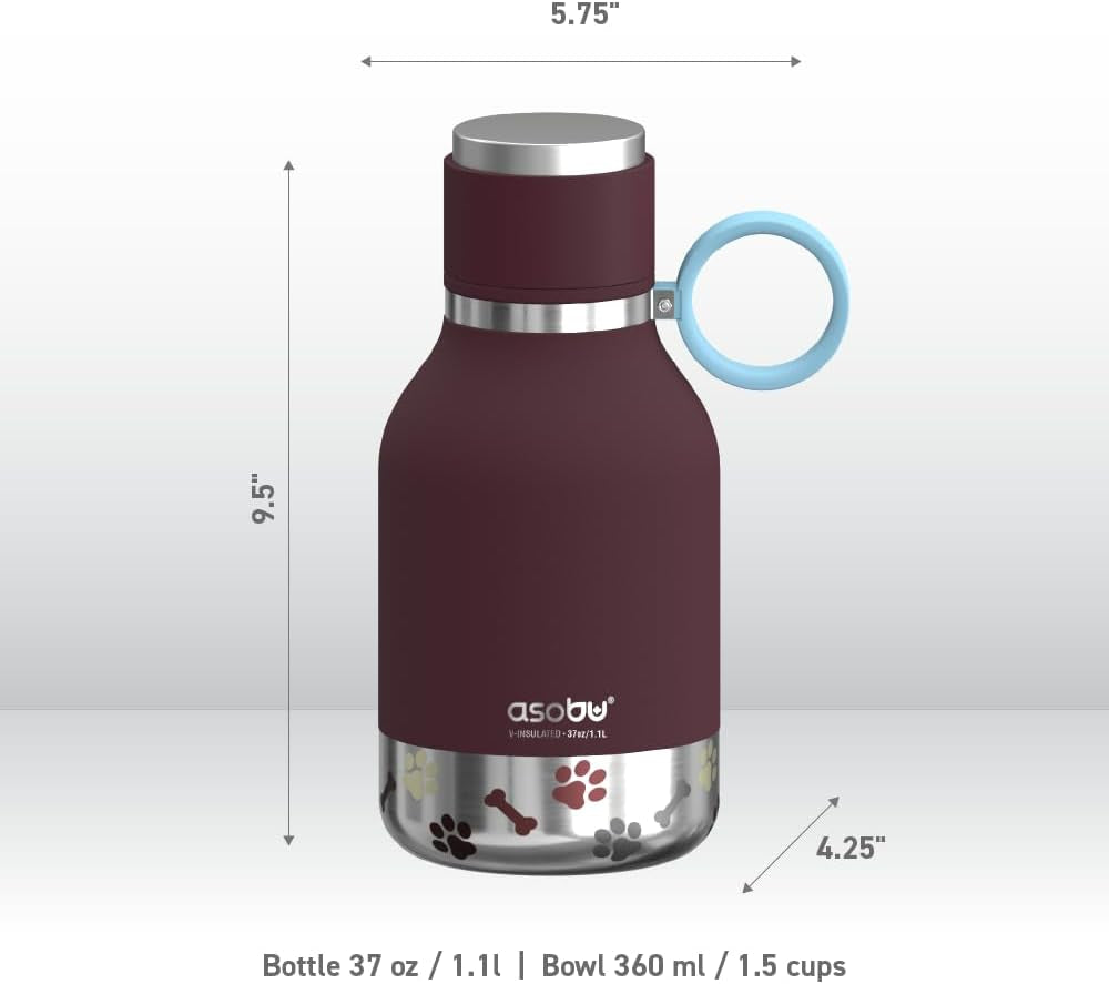 Dog Bowl Attached to Stainless Steel Insulated Bottle 1 Liter (Burgundy)